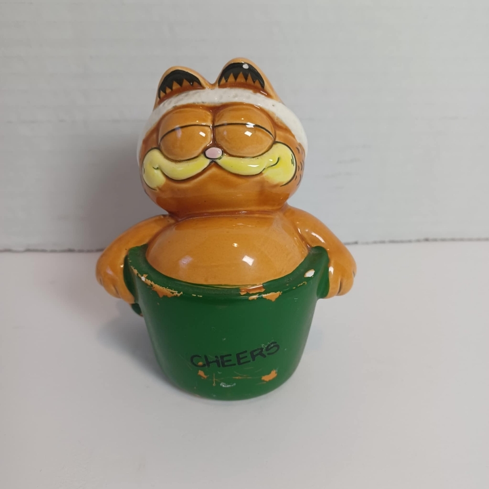 VTG GARFIELD Enesco Ceramic Figurine Christmas Santa Claus Hat Cheers Paint Chip